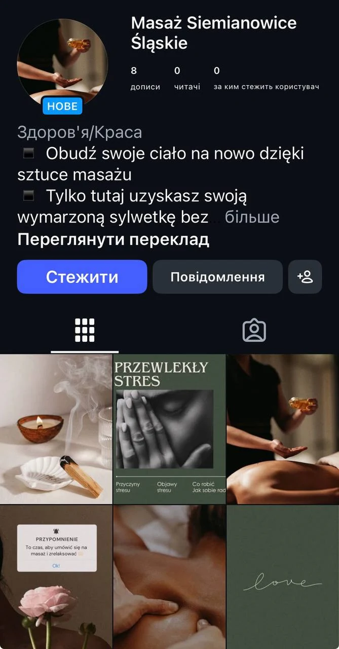 Стартовое состояние профиля массажной практики перед упаковкой.